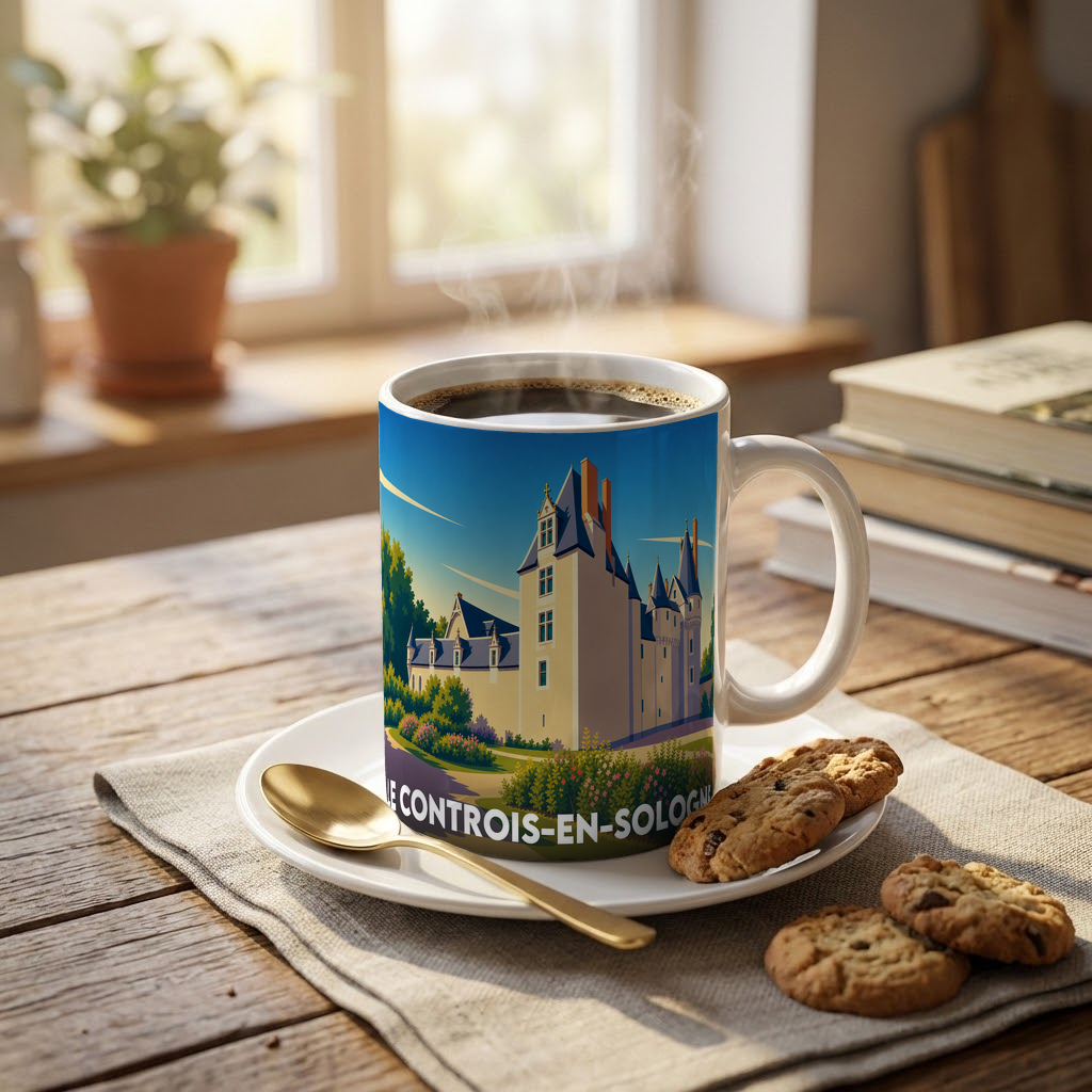 Mug souvenir de la commune de Le Controis-en-Sologne illustré d'un château stylisé.