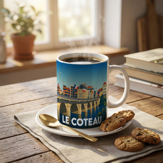 Mug souvenir de la ville de Le Coteau avec une illustration stylisée d'un pont et de bâtiments colorés.