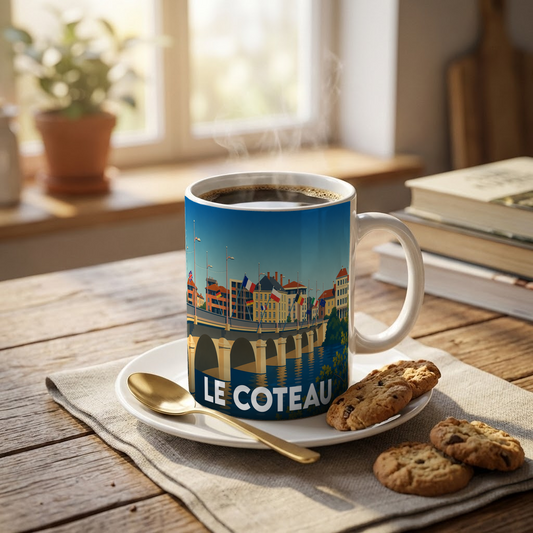 Mug souvenir de la ville de Le Coteau avec une illustration stylisée d'un pont et de bâtiments colorés.