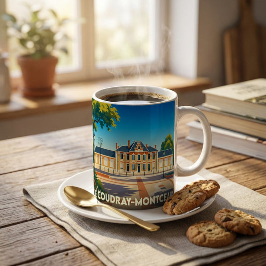 Mug souvenir de la ville de Le Coudray-Montceaux avec une illustration stylisée de son architecture.