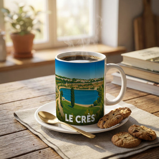 Mug souvenir de la ville de Le Crès avec une illustration stylisée du lac.