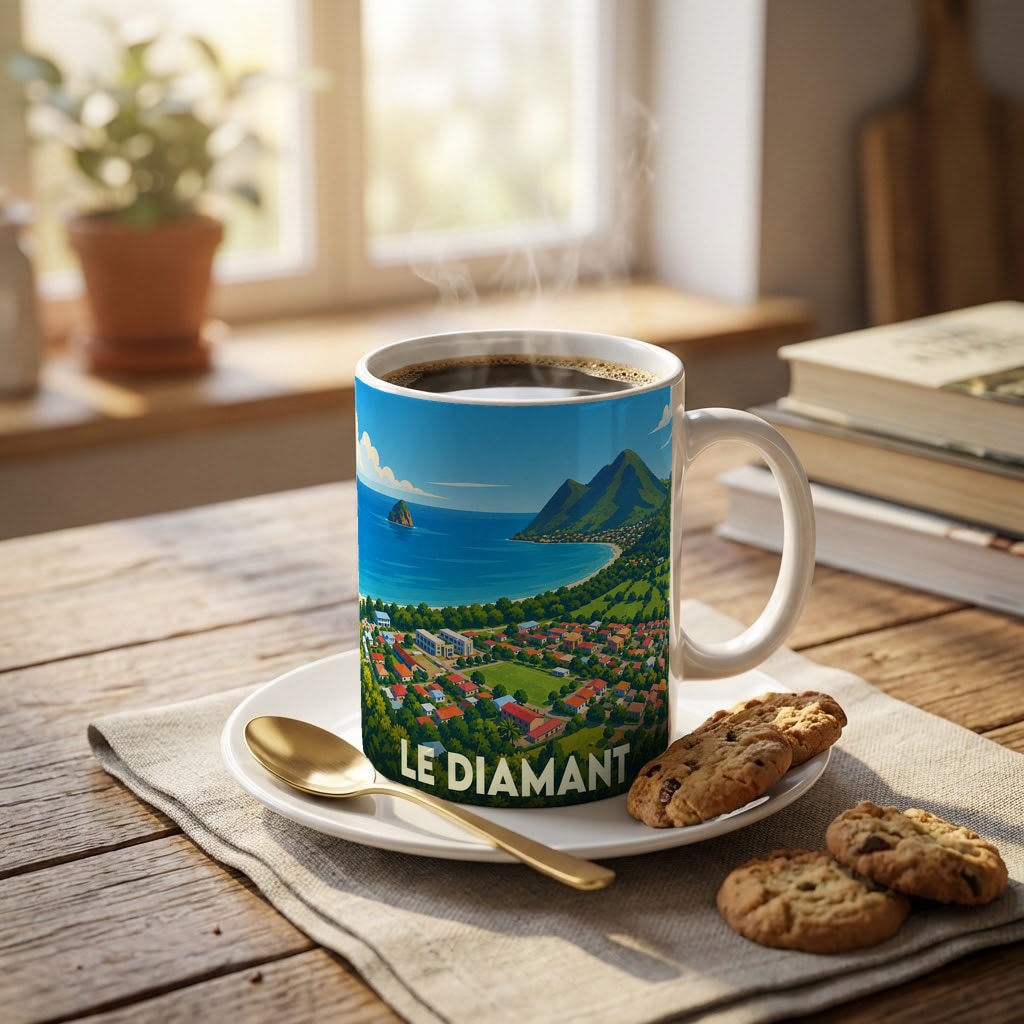 Mug souvenir de la ville de Le Diamant orné d'une illustration paysagère stylisée.
