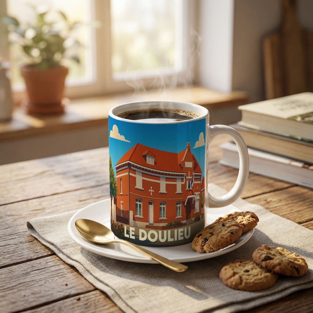 Mug souvenir de la ville de Le Doulieu avec une illustration stylisée de son hôtel de ville.