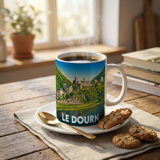 Mug souvenir de la ville de Le Dourn avec une illustration de paysage stylisée.