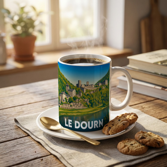 Mug souvenir de la ville de Le Dourn avec une illustration de paysage stylisée.