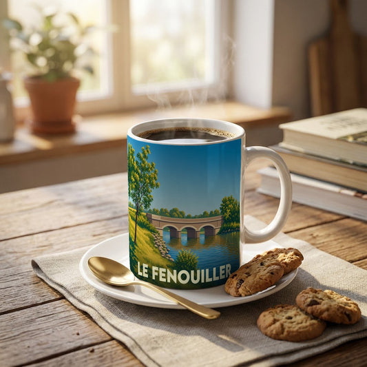 Mug souvenir de la ville de Le Fenouiller illustré d'un pont enjambant une rivière dans un style graphique épuré.