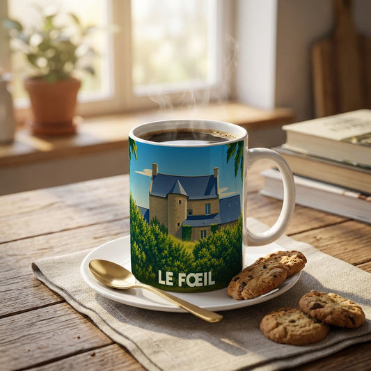 Mug souvenir de la ville de Le Fœil avec une illustration stylisée d'un manoir breton.