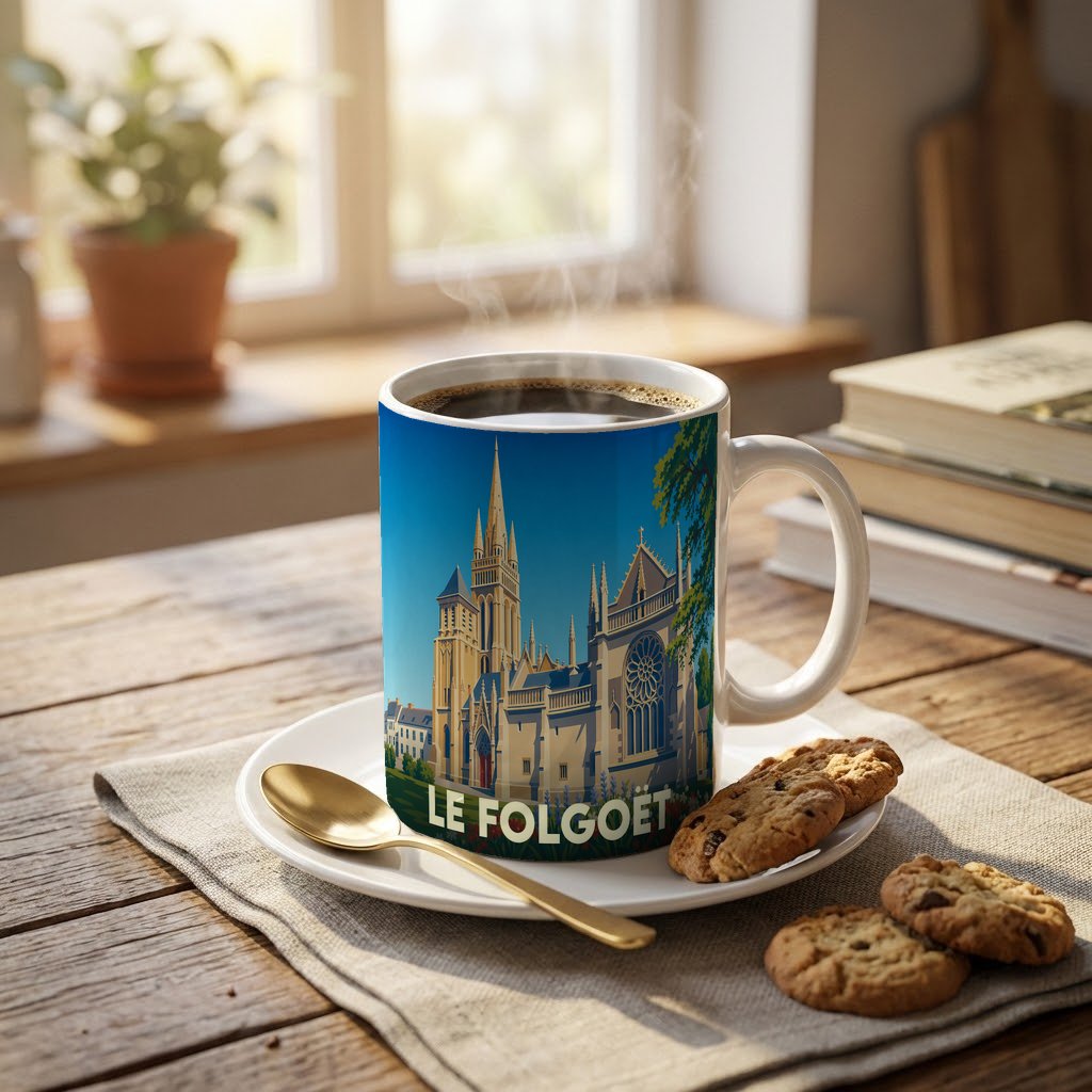 Mug souvenir de la ville du Folgoët orné d'une illustration stylisée de sa basilique.