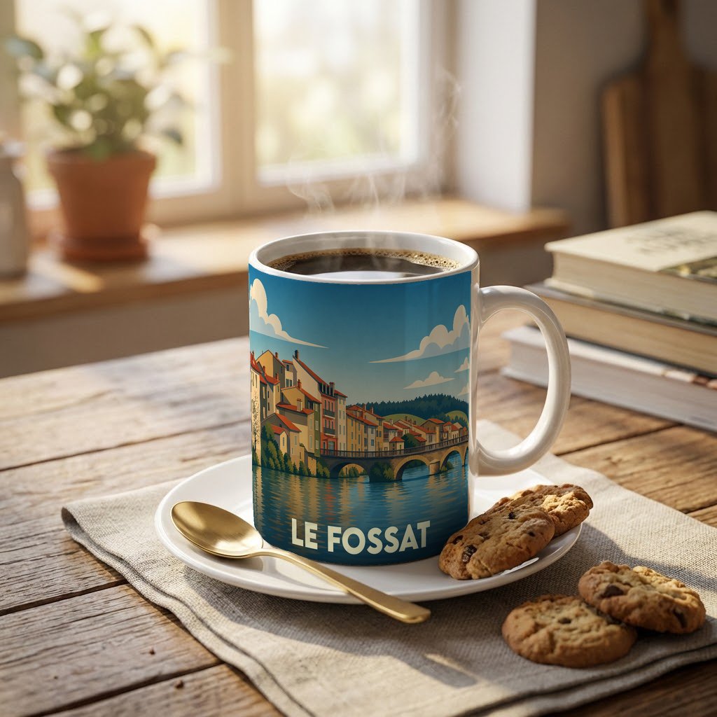 Mug souvenir de la ville de Le Fossat orné d'une illustration stylisée d'un pont et de maisons au bord de l'eau.