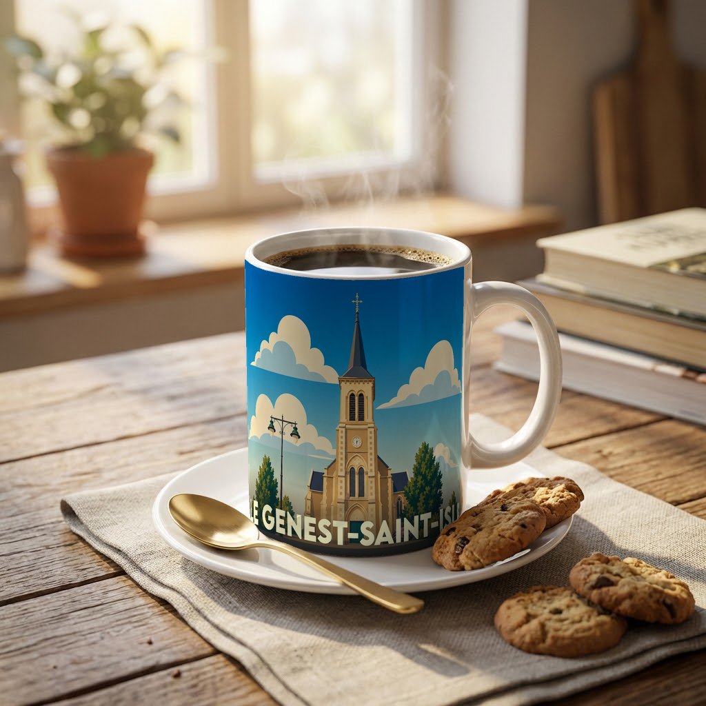 Mug souvenir de la ville de Le Genest-Saint-Isle orné d'une illustration stylisée de son église.