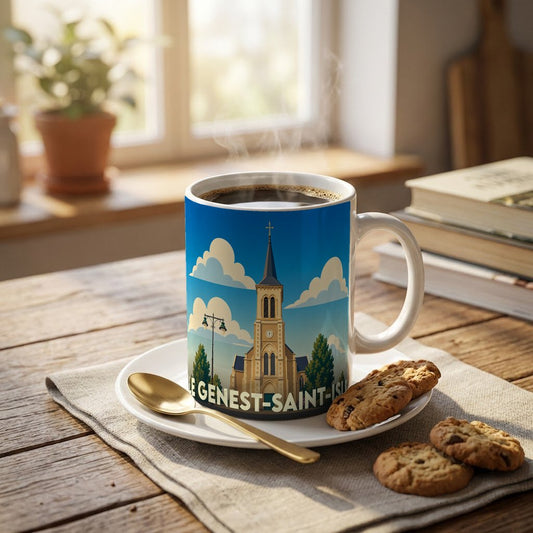 Mug souvenir de la ville de Le Genest-Saint-Isle orné d'une illustration stylisée de son église.