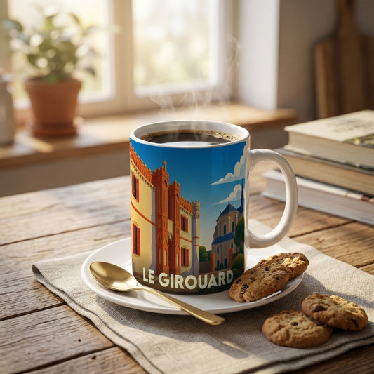 Mug souvenir de la ville de Le Girouard illustré d'un décor architectural stylisé.
