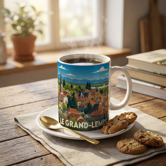 Mug souvenir de la ville du Grand-Lemps orné d'une illustration stylisée du paysage urbain.