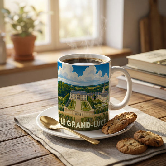 Mug souvenir de la ville de Le Grand-Lucé avec une illustration stylisée de son château et de ses jardins.