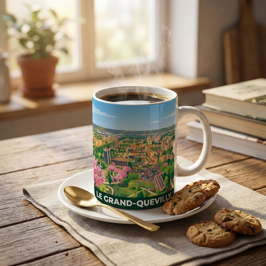 Mug souvenir de la ville de Le Grand-Quevilly avec une illustration stylisée et colorée du paysage urbain.