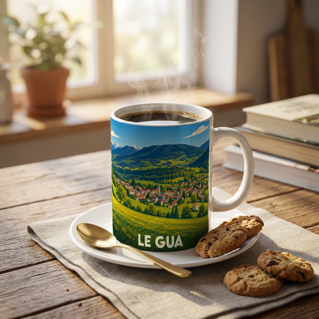 Mug souvenir de la ville de Le Gua avec une illustration stylisée de paysages montagneux.