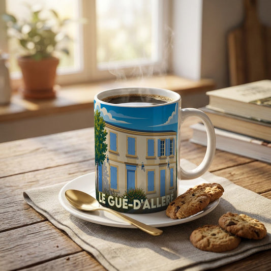 Mug souvenir de la ville de Le Gué-d'Alleré avec une illustration stylisée d'une maison aux volets bleus.