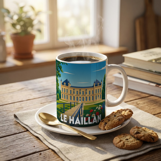 Mug souvenir de la ville de Le Haillan illustré d'un château stylisé sous un ciel bleu.