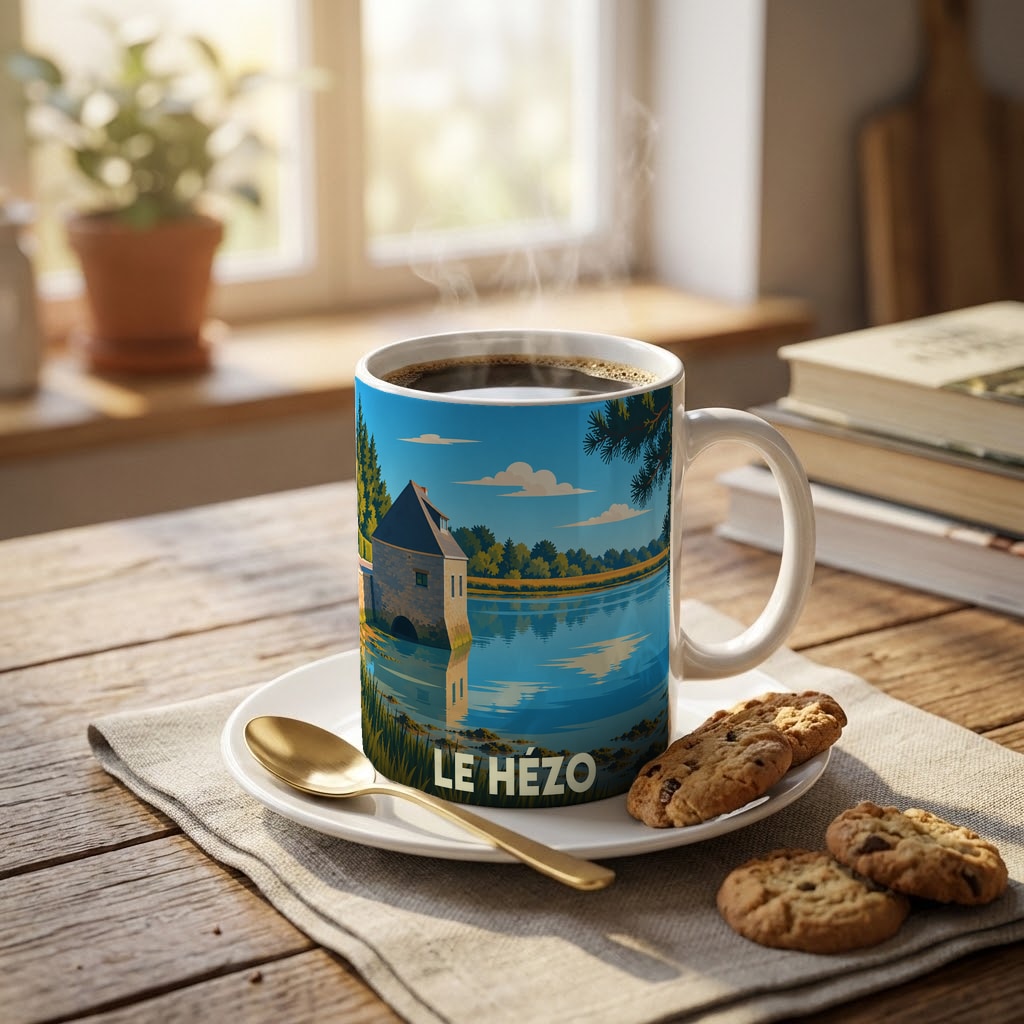 Mug souvenir de la ville de Le Hézo avec une illustration stylisée d'un moulin à marée au bord de l'eau.