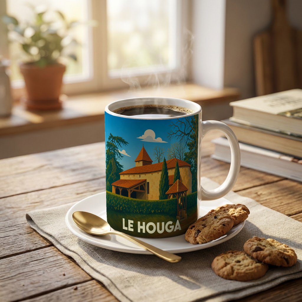 Mug souvenir de la ville de Le Houga avec une illustration stylisée de son patrimoine architectural.