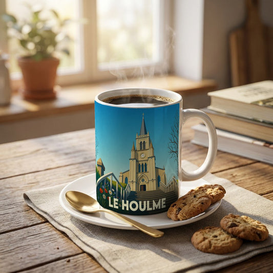 Mug souvenir de la ville de Le Houlme avec une illustration stylisée d'une église.