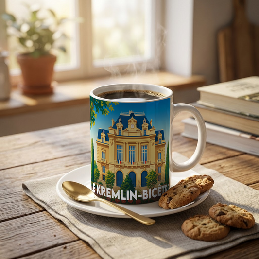 Mug souvenir de la ville du Kremlin-Bicêtre avec une illustration stylisée de l'hôtel de ville.