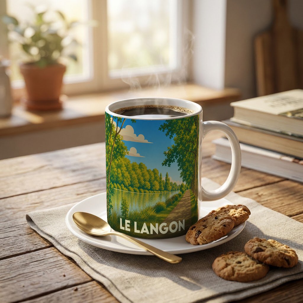 Mug souvenir de la ville de Le Langon orné d'une illustration paysagère stylisée.