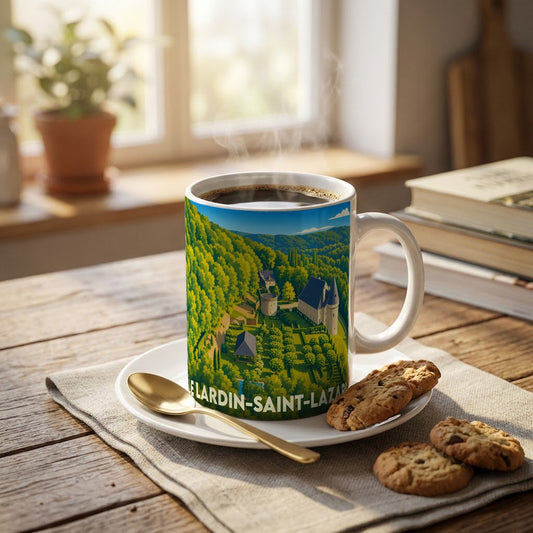 Mug souvenir de la ville de Le Lardin-Saint-Lazare avec une illustration stylisée de son paysage et de ses châteaux.