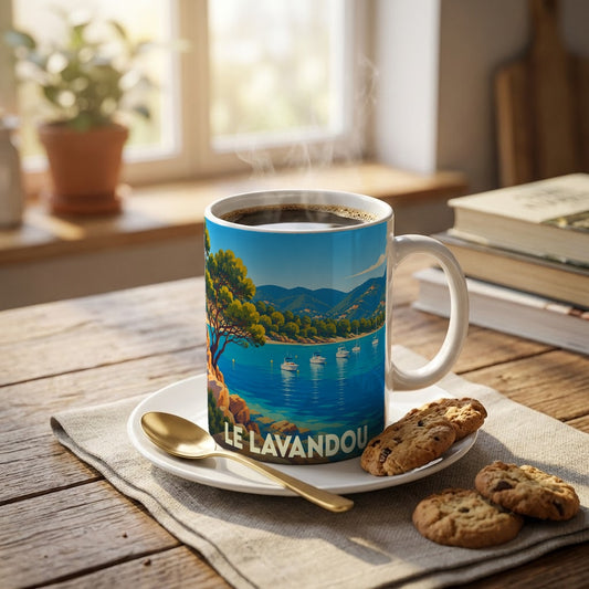 Mug souvenir de la ville du Lavandou orné d'une illustration stylisée de son littoral méditerranéen.
