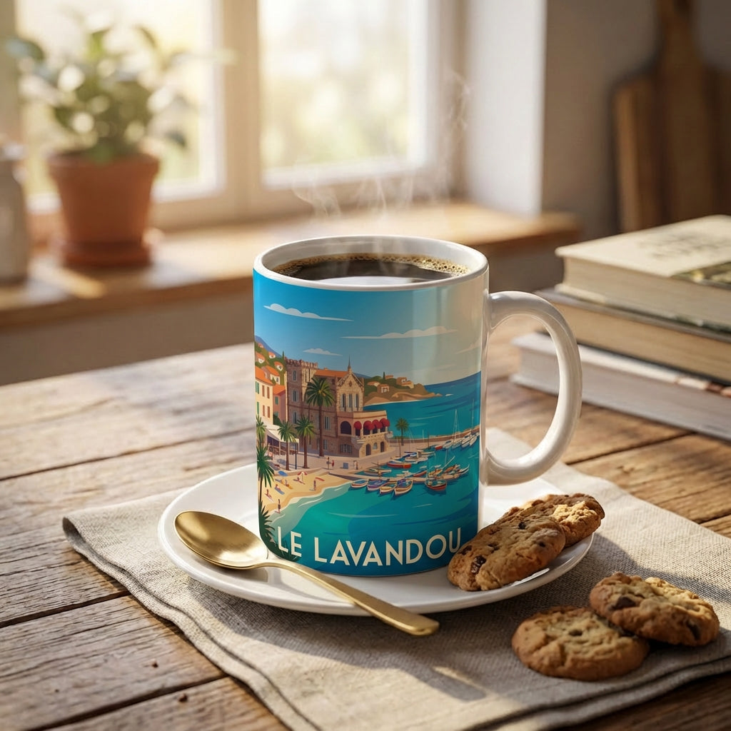 Mug souvenir de la ville de Le Lavandou avec une illustration stylisée de son front de mer.