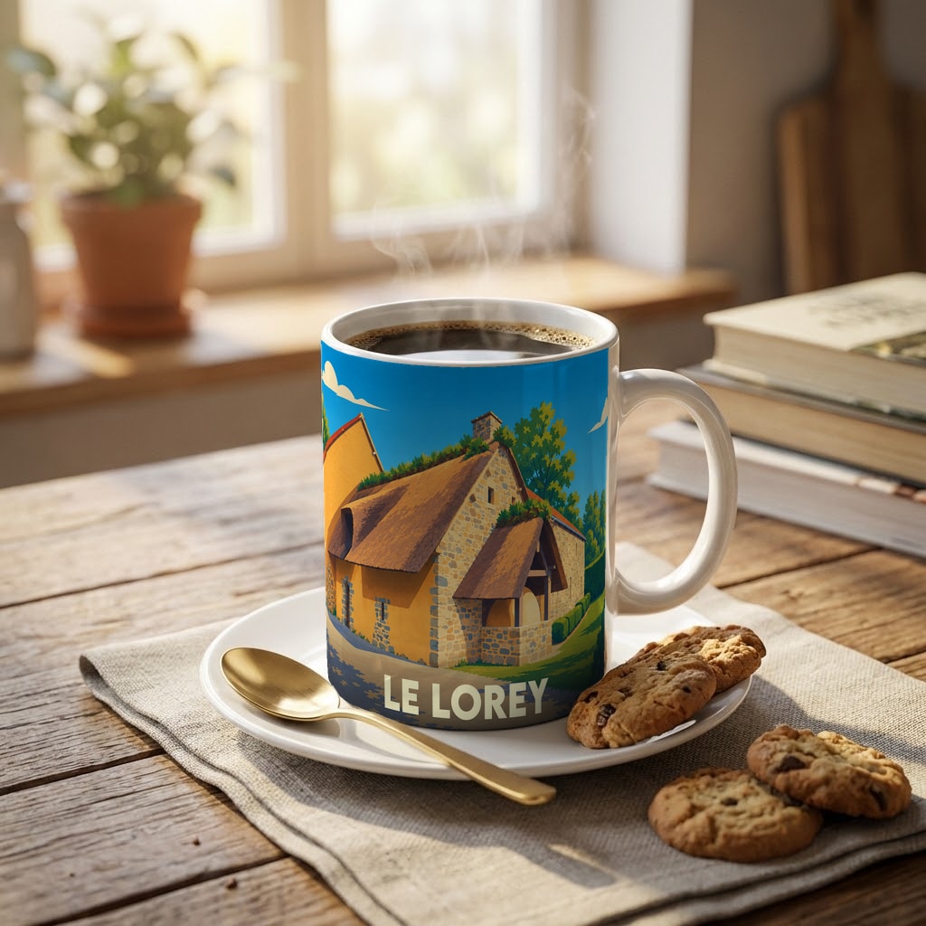 Mug souvenir de la ville de Le Lorey orné d'une illustration stylisée d'une maison traditionnelle.