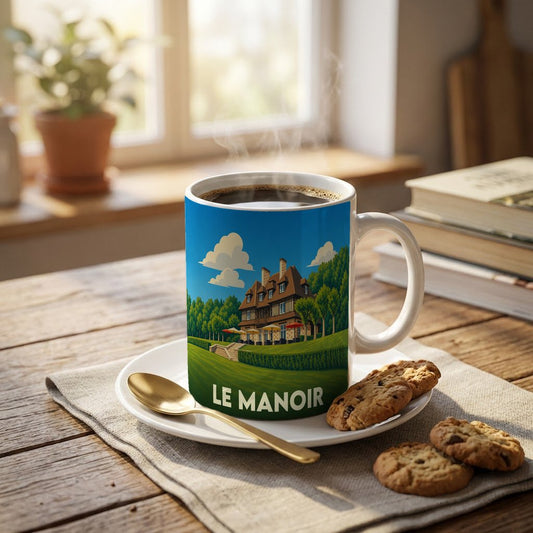 Mug souvenir de la ville de Le Manoir avec une illustration stylisée d'une grande demeure.