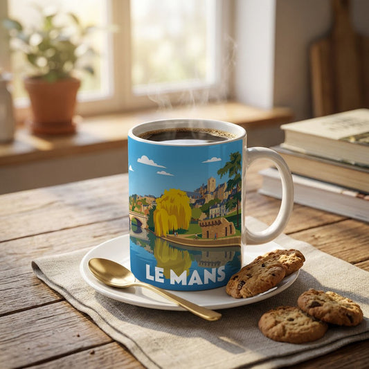 Mug souvenir de la ville de Le Mans avec une illustration stylisée.