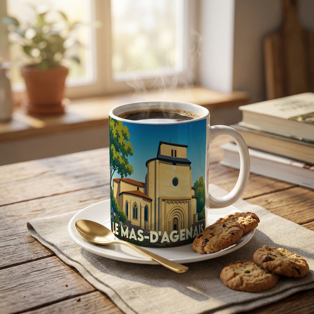 Mug souvenir de la ville de Le Mas-d'Agenais avec une illustration stylisée d'une église.