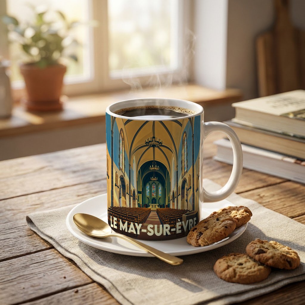 Mug souvenir de la ville de Le May-sur-Èvre orné d'une illustration stylisée de l'intérieur d'une église.