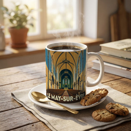 Mug souvenir de la ville de Le May-sur-Èvre orné d'une illustration stylisée de l'intérieur d'une église.