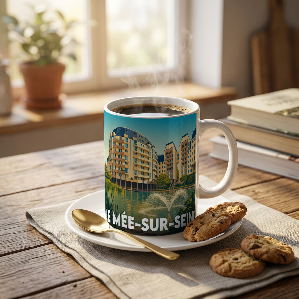 Mug souvenir de la ville de Le Mée-sur-Seine avec une illustration stylisée.