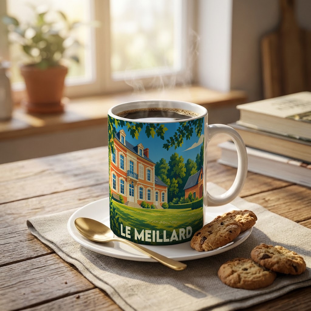 Mug souvenir de la ville de Le Meillard avec une illustration stylisée d'un manoir.