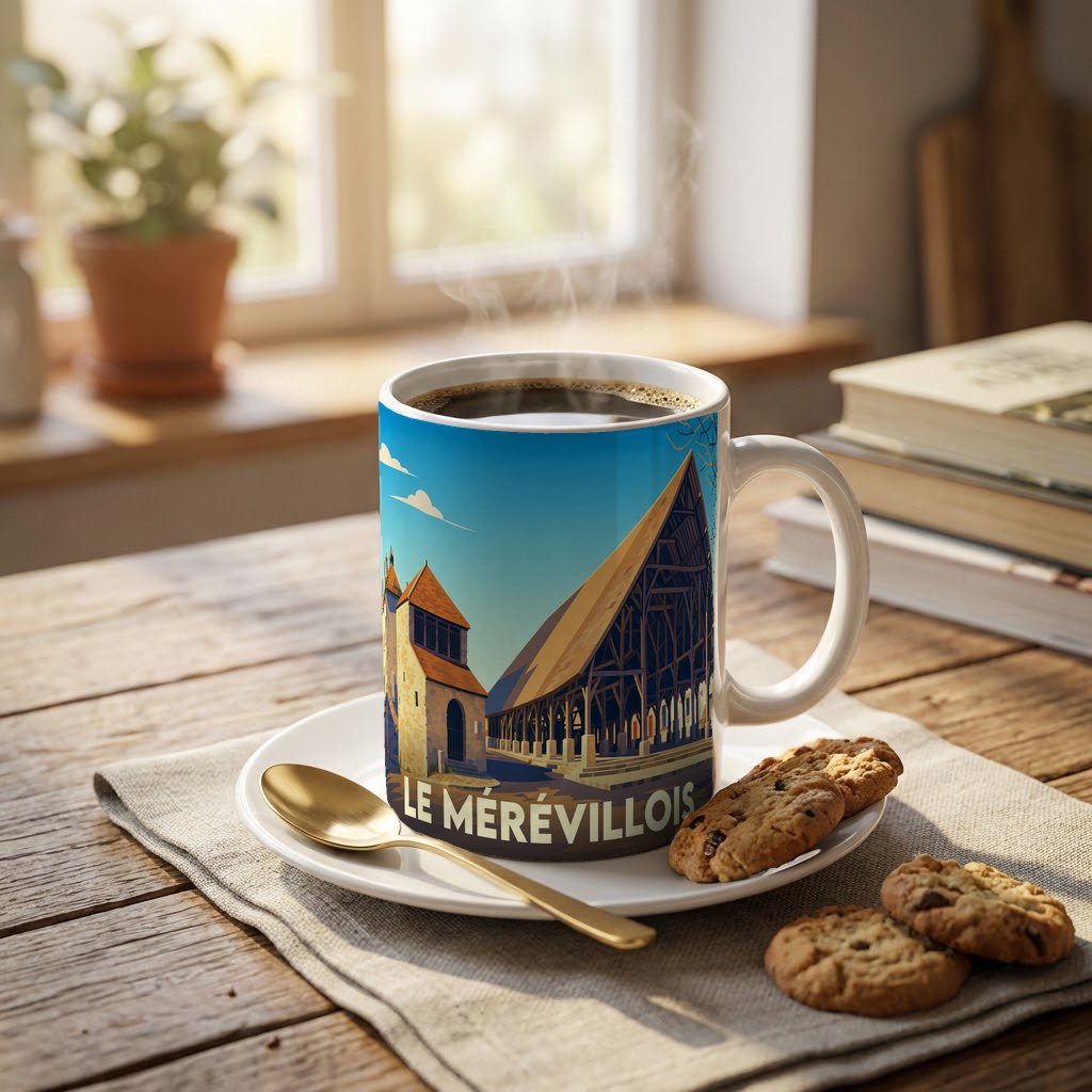 Mug souvenir de la ville de Le Mérévillois avec une illustration stylisée des halles médiévales.