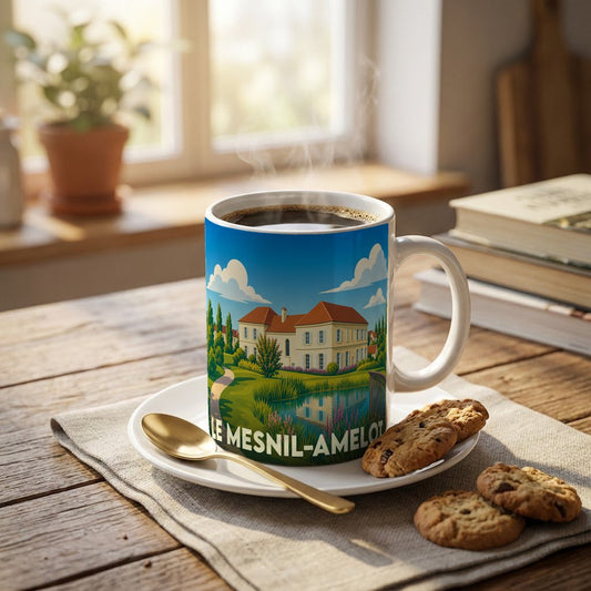 Mug souvenir de la ville de Le Mesnil-Amelot avec une illustration stylisée d'une demeure et son parc.