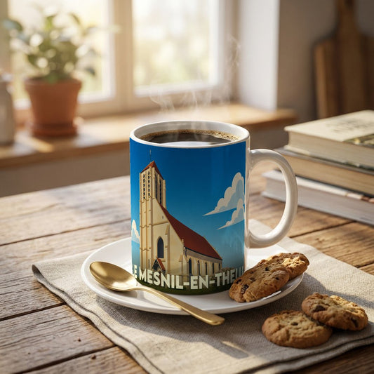 Mug souvenir de la ville de Le Mesnil-en-Thelle avec une illustration stylisée de son église.