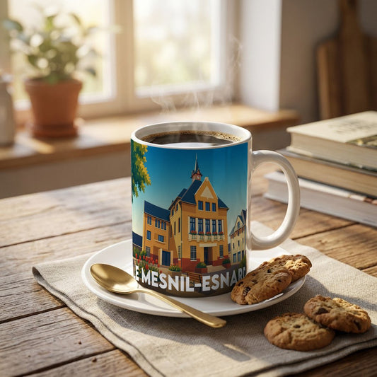 Mug souvenir de la ville de Le Mesnil-Esnard avec une illustration stylisée de sa mairie.