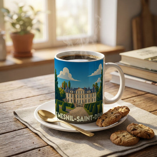 Mug souvenir de la ville de Le Mesnil-Saint-Denis orné d'une illustration stylisée de son château.