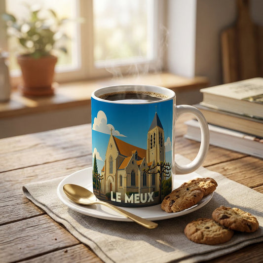 Mug souvenir de la ville de Le Meux illustré d'une église de style graphique.