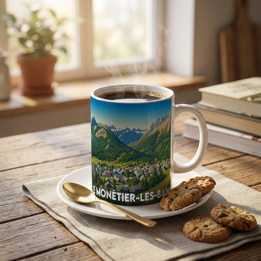 Mug souvenir de la ville de Le Monêtier-les-Bains avec une illustration de paysage de montagne.