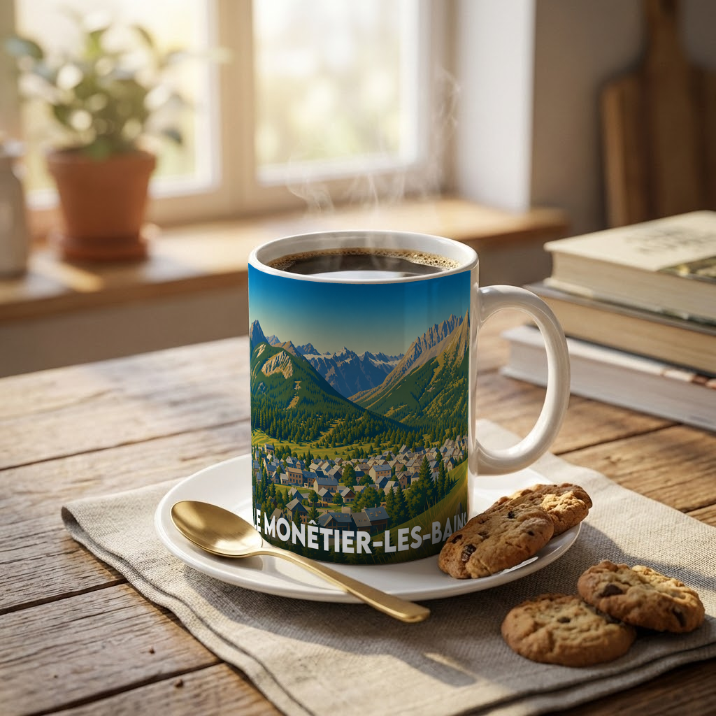 Mug souvenir de la ville de Le Monêtier-les-Bains avec une illustration de paysage de montagne.