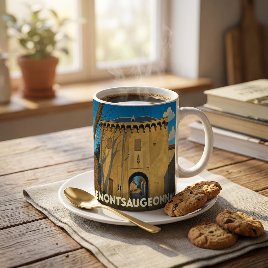 Mug souvenir de la ville de Le Montsaugeonnais illustré par une tour médiévale stylisée.