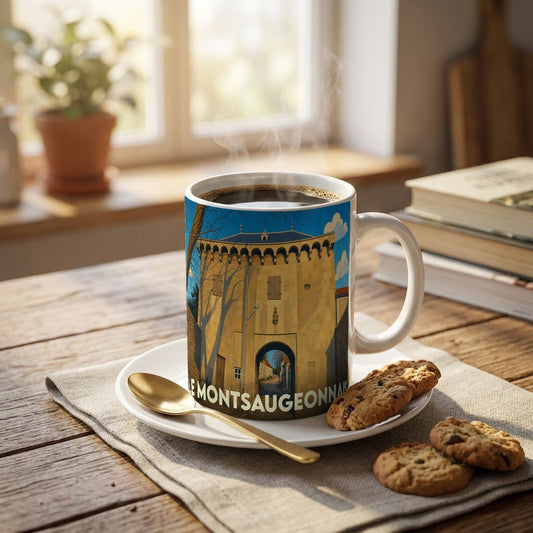 Mug souvenir de la ville de Le Montsaugeonnais illustré par une tour médiévale stylisée.