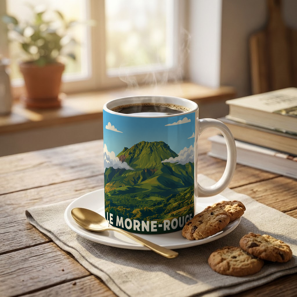 Mug souvenir de la ville de Le Morne-Rouge avec une illustration de paysage montagneux.