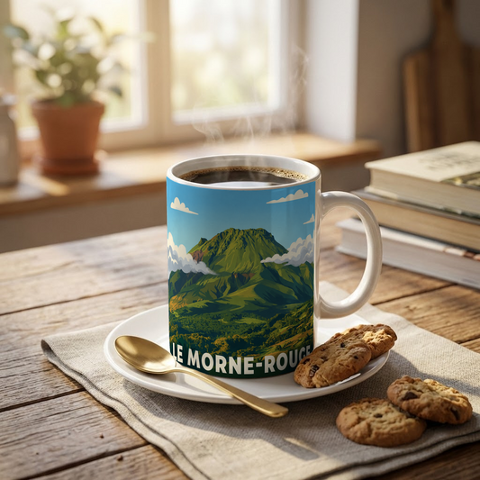 Mug souvenir de la ville de Le Morne-Rouge avec une illustration de paysage montagneux.